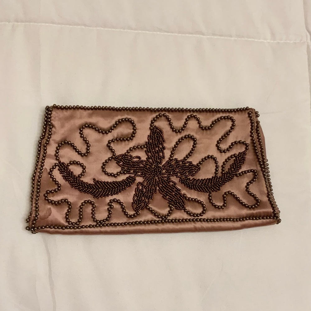 La Regale Brown Beaded Satin Clutch
